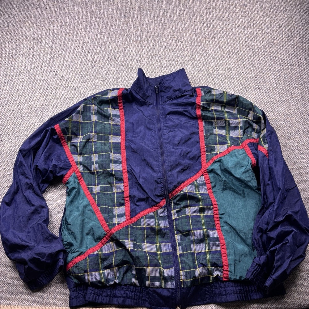 Vtg 90s Sports Accent Plaid Color Block Windbreaker Jacket Womens Small